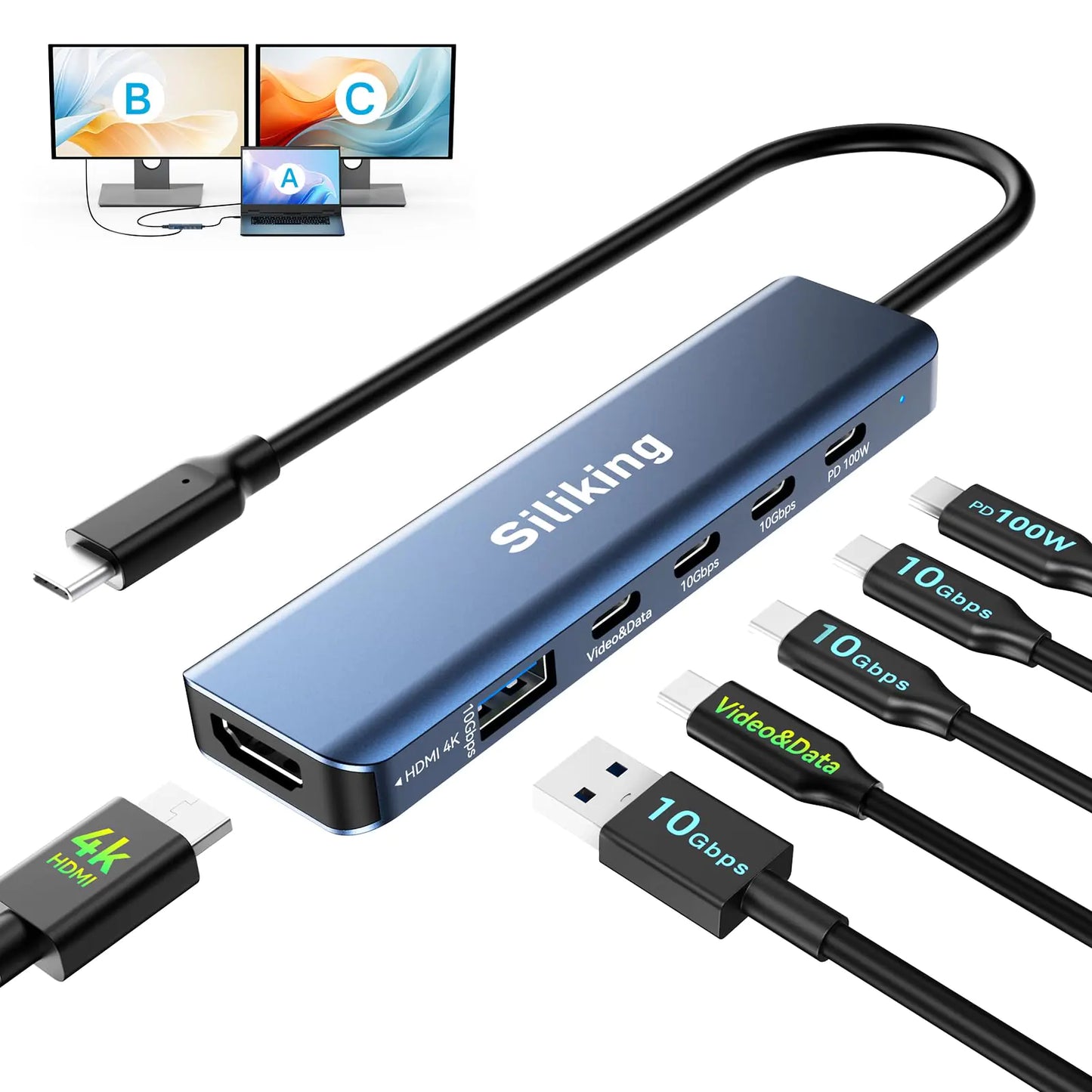 Siliking USB C Docking Station Dual Monitor 4K@60Hz HDMI USB C Video Output Hub with HDMI10G USB A/C100W PD USB C Splitter Adapter USB C to USB C Dual Monitor for Windows/Mac OSMacBook air